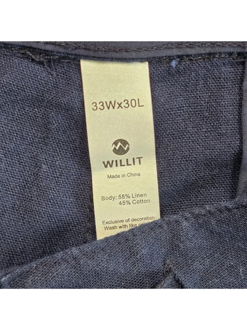 Willit 33x30 Mens Drawstring Linen Cotton Pants Blue Relaxed Fit Casual